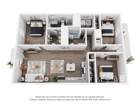 Floor plan for 3 beds, 2 baths, 1280 sqft